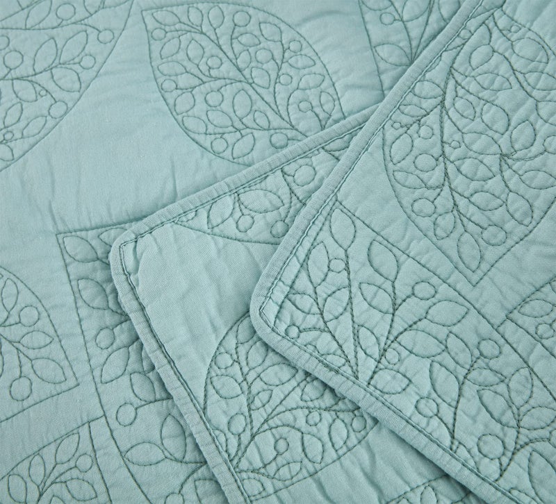 CHIXIN Botanical Cotton Quilt King Size - Real Stitching Leaf Pattern - Quilted Bedspread Coverlet Set, Ultra Soft, Lightweight, Reversible, 3 Piece, Light Green - Image 4